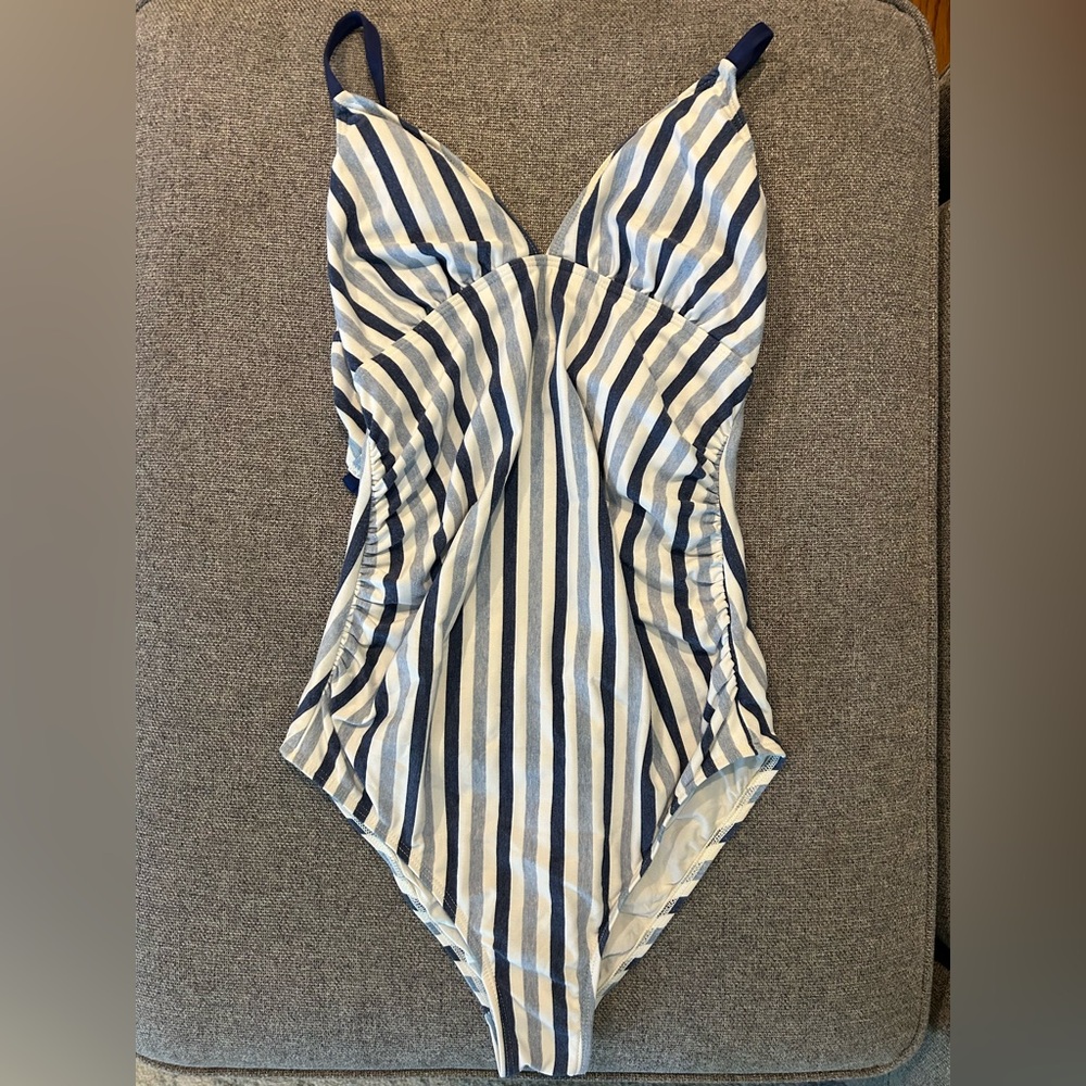 A Pea in the Pod Blue and White Striped Maternity One-Piece Swimsuit